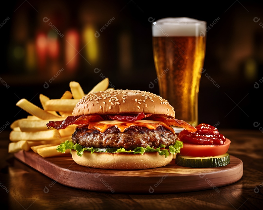 Delicioso Hambúrguer com batata frita ao lado de copo de cerveja gelada