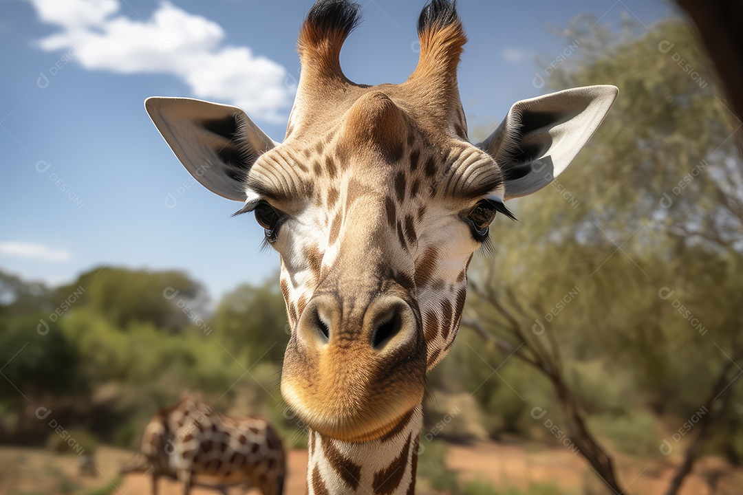 Girafa olhando para a câmera fundo bonito fundo de savana gerado por IA