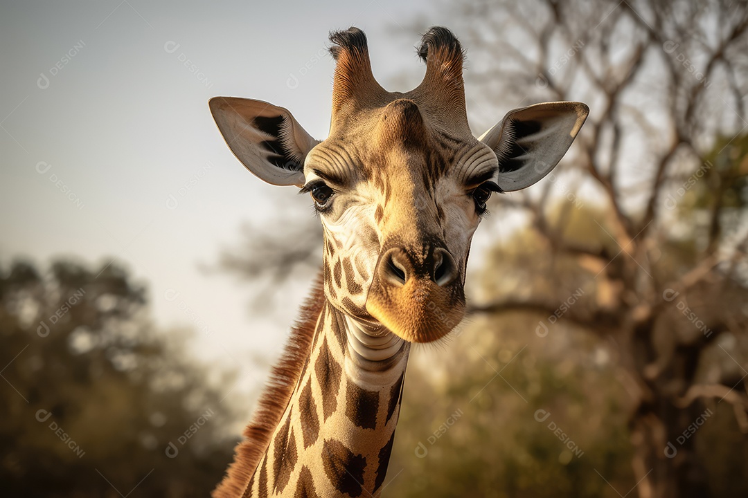 Girafa olhando para a câmera fundo bonito fundo de savana gerado por IA