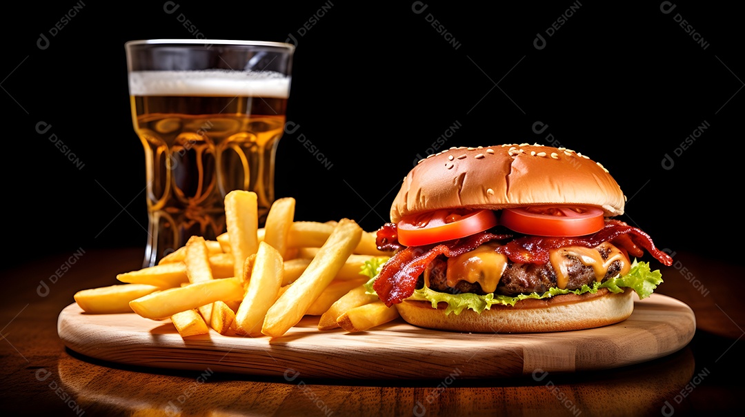 Delicioso Hambúrguer com batata frita ao lado de copo de cerveja gelada