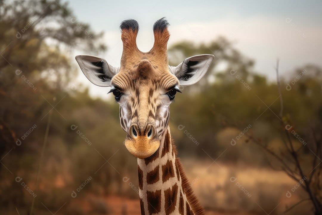 Girafa olhando para a câmera fundo bonito fundo de savana gerado por IA