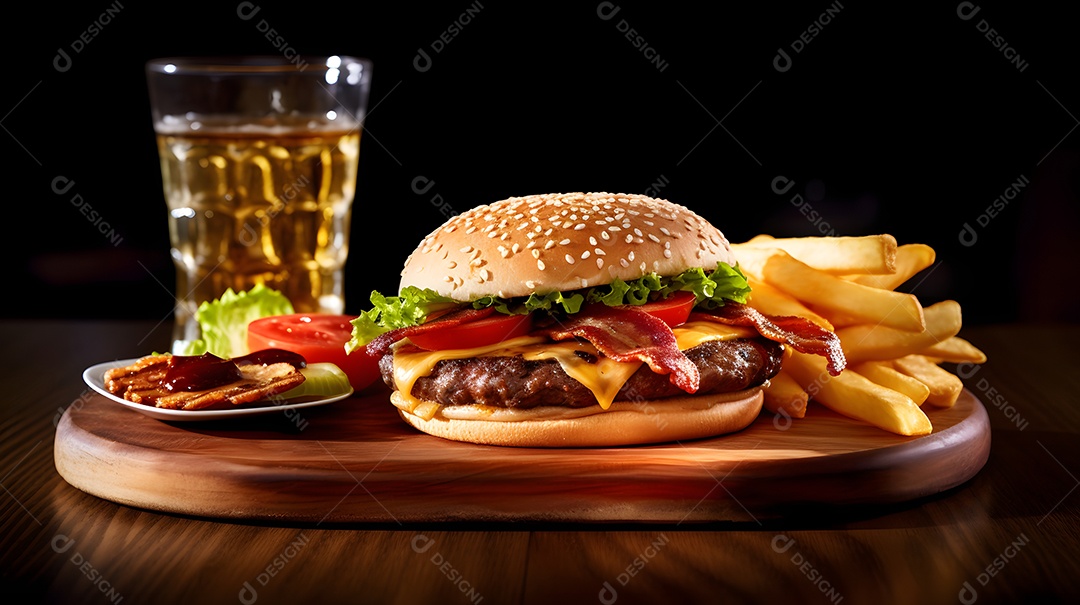 Delicioso Hambúrguer com batata frita ao lado de copo de cerveja gelada