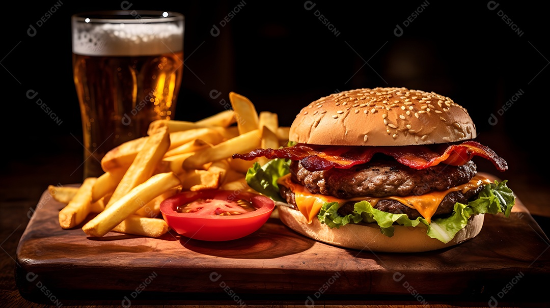 Delicioso Hambúrguer com batata frita ao lado de copo de cerveja gelada