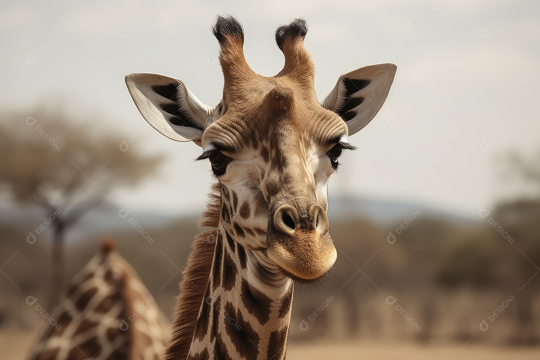 Girafa olhando para a câmera fundo bonito fundo de savana gerado por IA