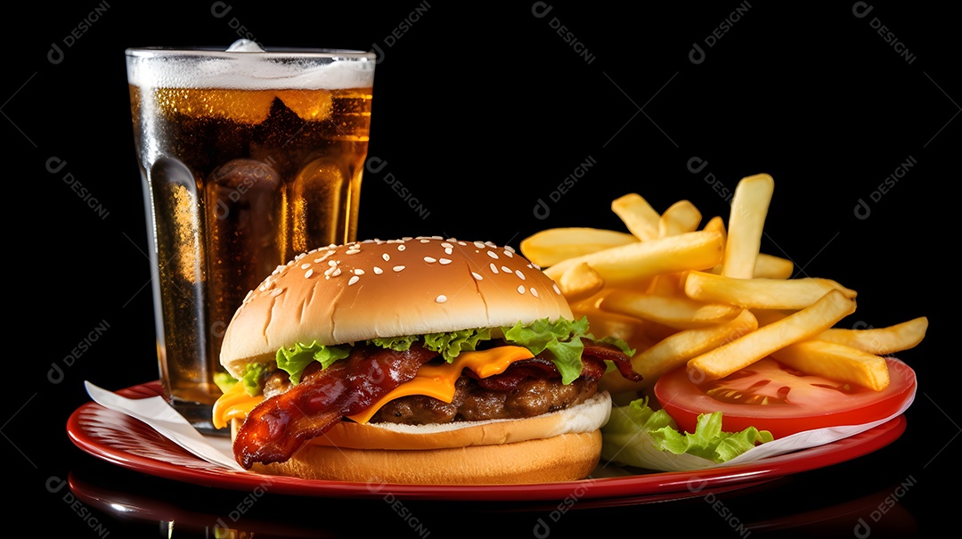 Delicioso Hambúrguer com batata frita ao lado de copo de cerveja gelada