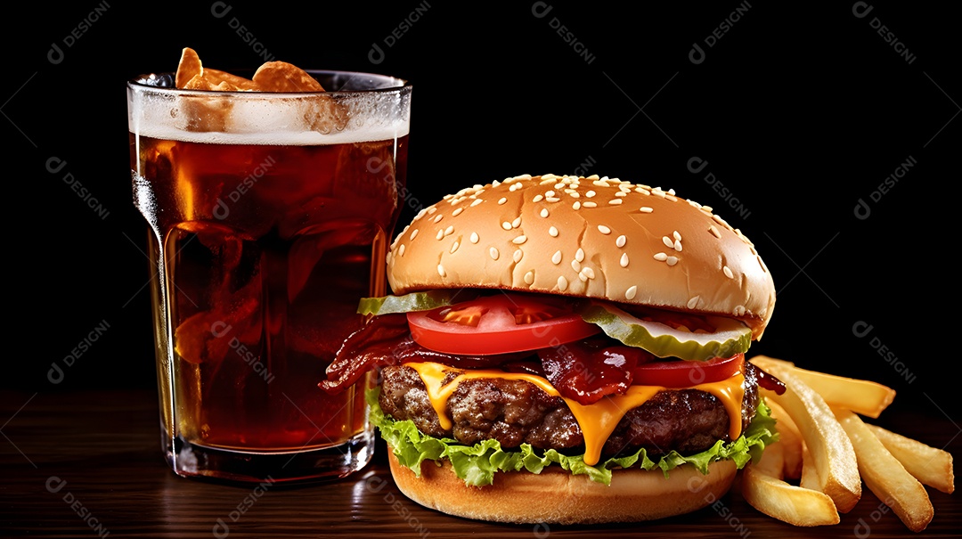 Delicioso Hambúrguer com batata frita ao lado de copo de cerveja gelada