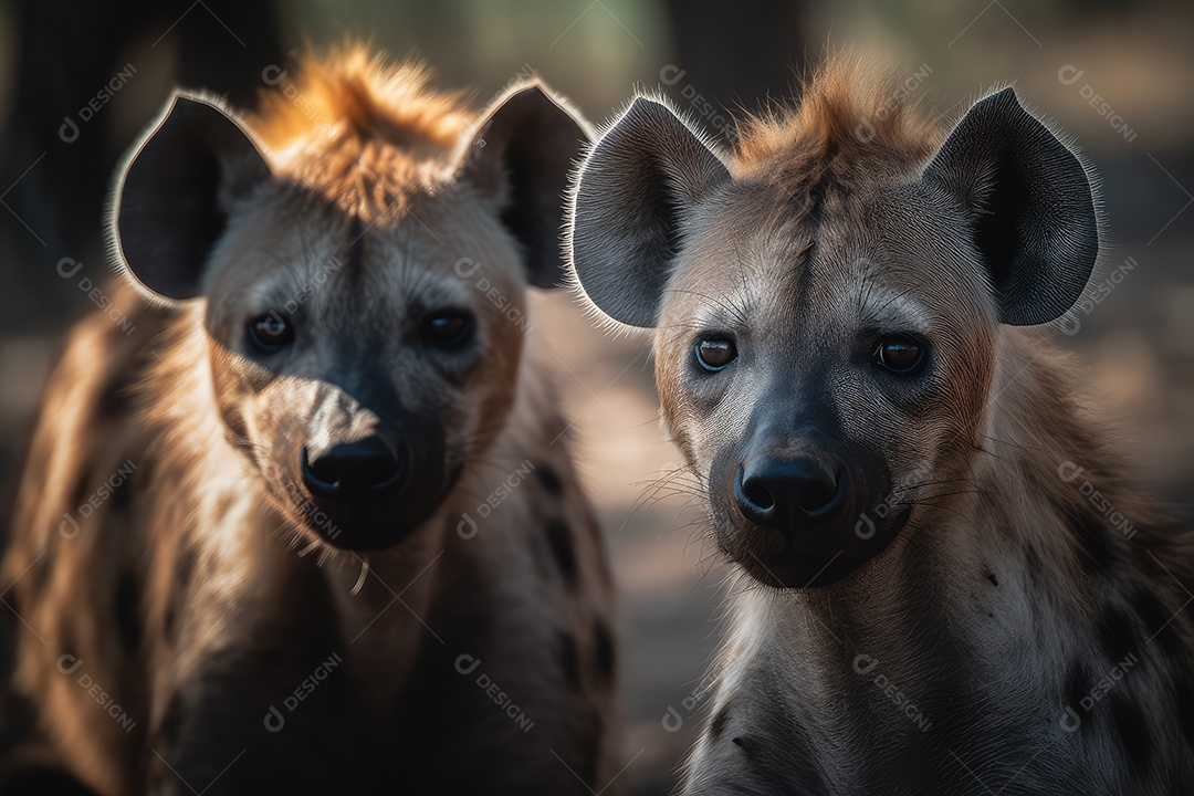 Hienas olhando para a câmera fundo bonito fundo de savana gerado por IA
