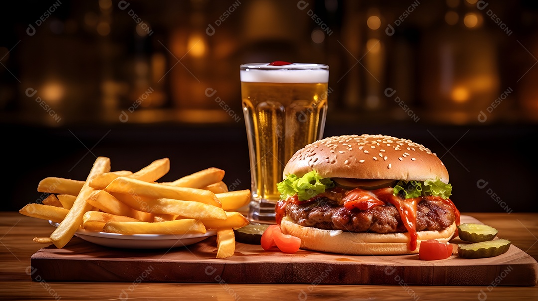 Delicioso Hambúrguer com batata frita ao lado de copo de cerveja gelada