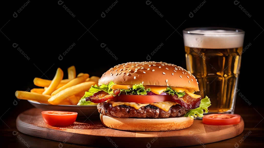 Delicioso Hambúrguer com batata frita ao lado de copo de cerveja gelada