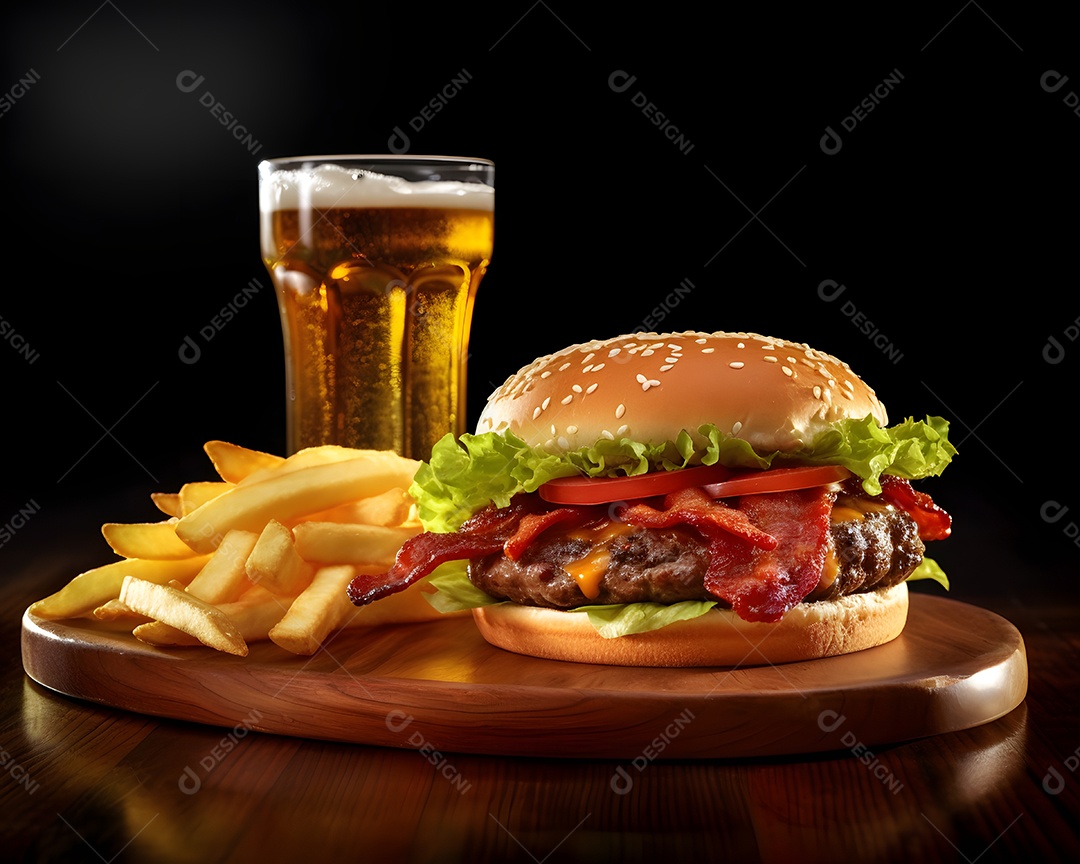 Delicioso Hambúrguer com batata frita ao lado de copo de cerveja gelada