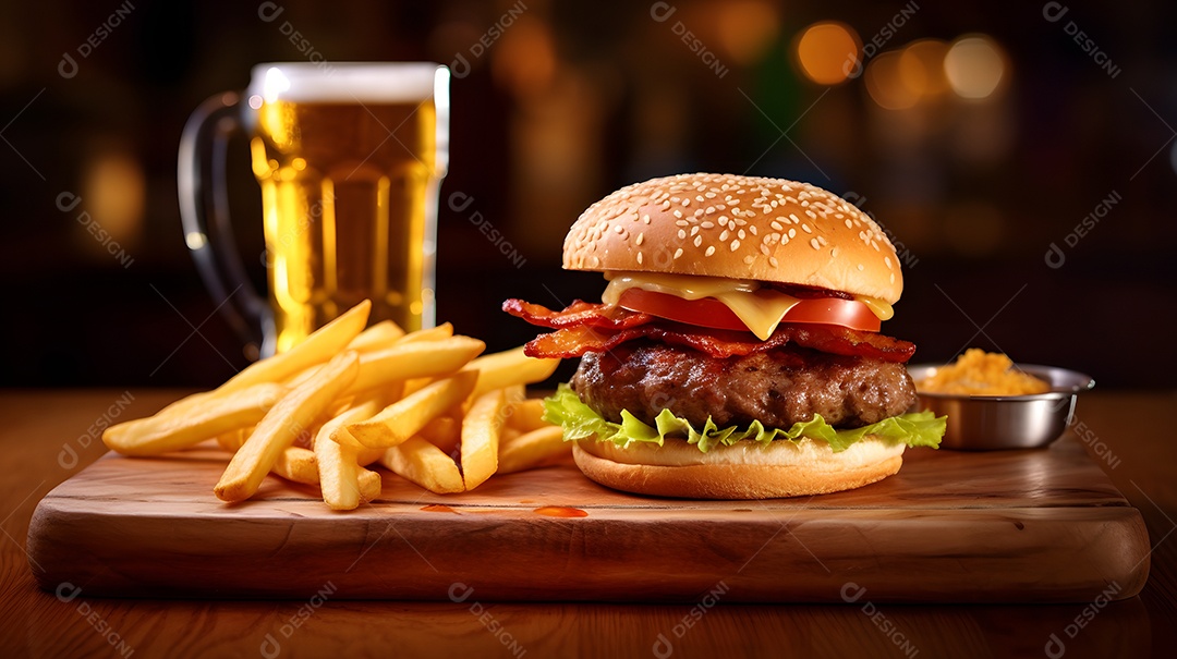 Delicioso Hambúrguer com batata frita ao lado de copo de cerveja gelada