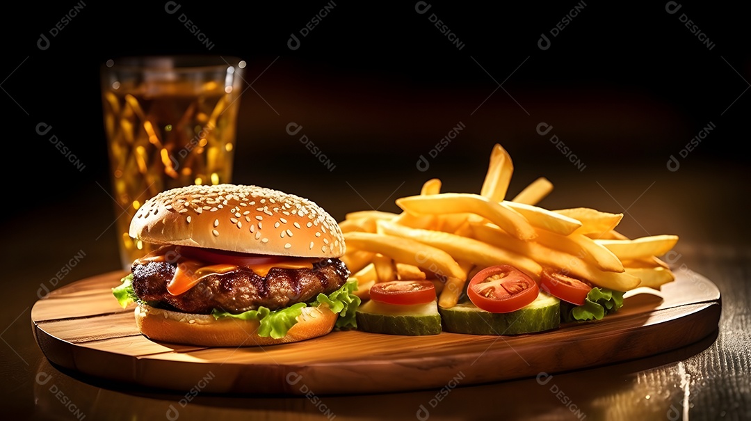 Delicioso Hambúrguer com batata frita ao lado de copo de cerveja gelada