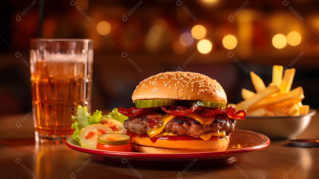 Delicioso Hambúrguer com batata frita ao lado de copo de cerveja gelada