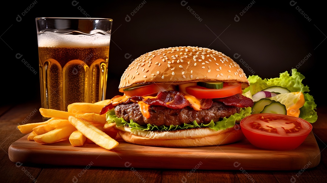 Delicioso Hambúrguer com batata frita ao lado de copo de cerveja gelada