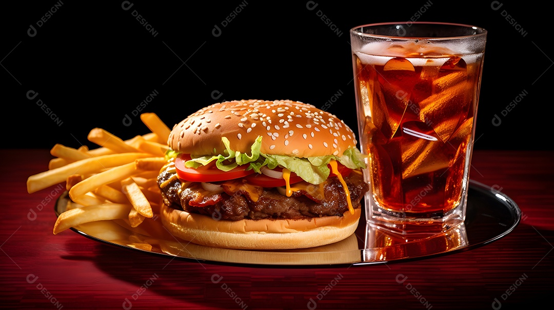 Delicioso Hambúrguer com batata frita ao lado de copo de cerveja gelada