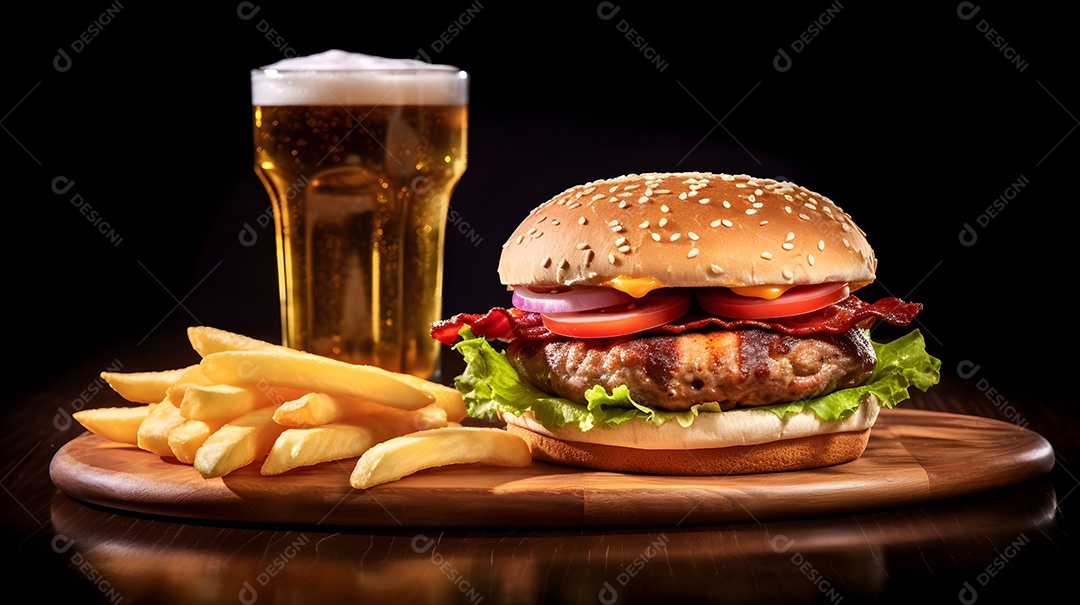 Delicioso Hambúrguer com batata frita ao lado de copo de cerveja gelada