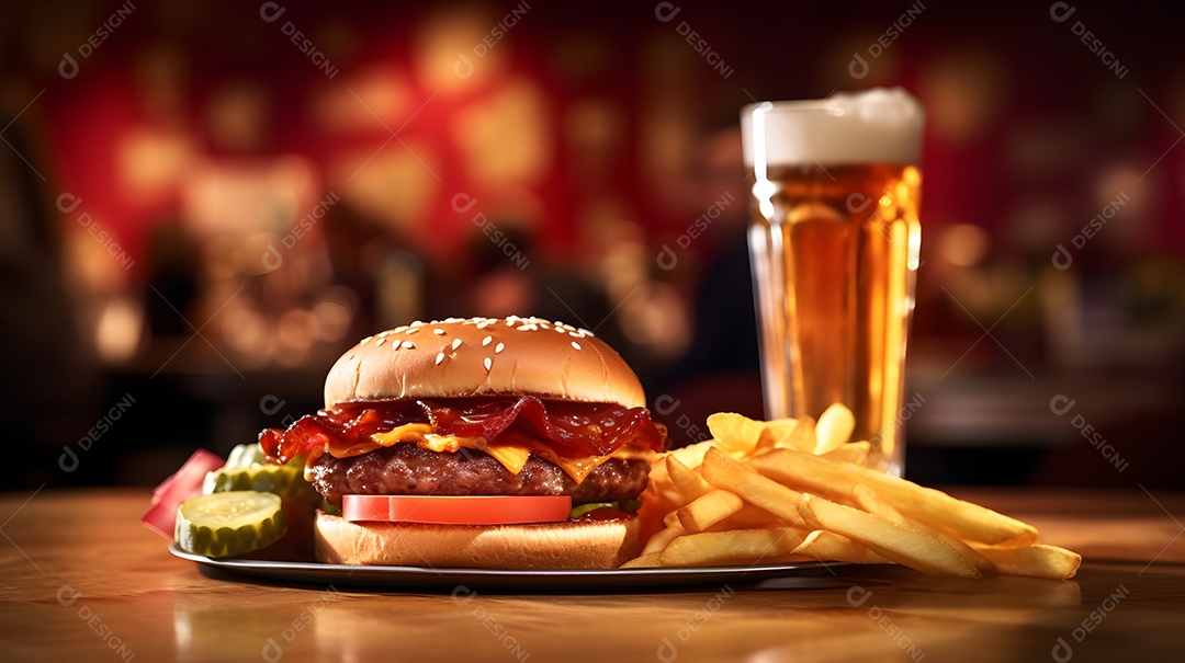 Delicioso Hambúrguer com batata frita ao lado de copo de cerveja gelada