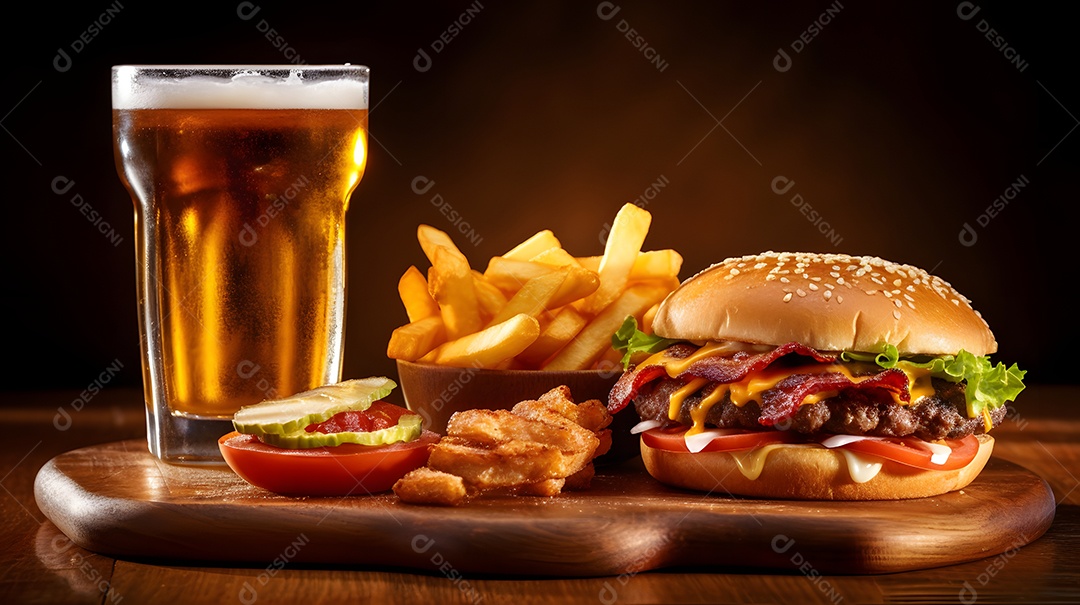 Delicioso Hambúrguer com batata frita ao lado de copo de cerveja gelada