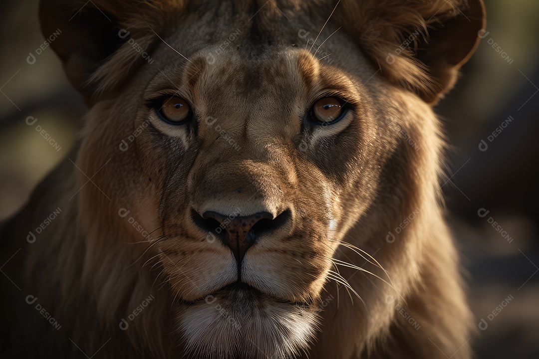 Leão olhando para a câmera fundo bonito fundo de savana gerado por IA
