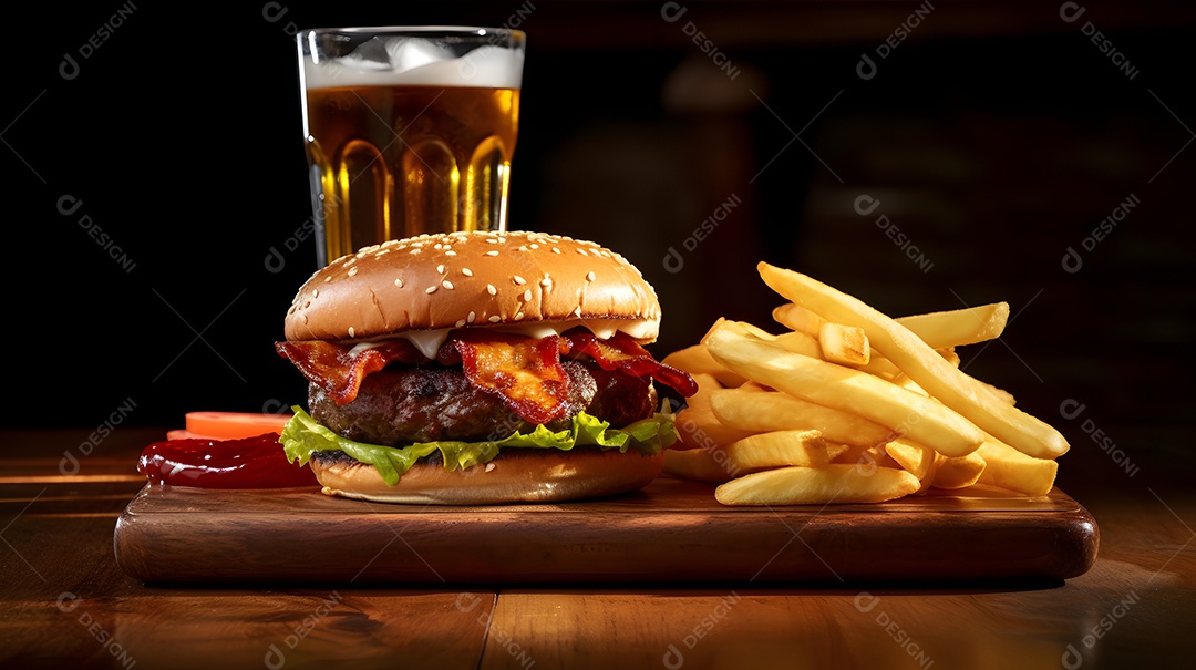 Delicioso Hambúrguer com batata frita ao lado de copo de cerveja gelada