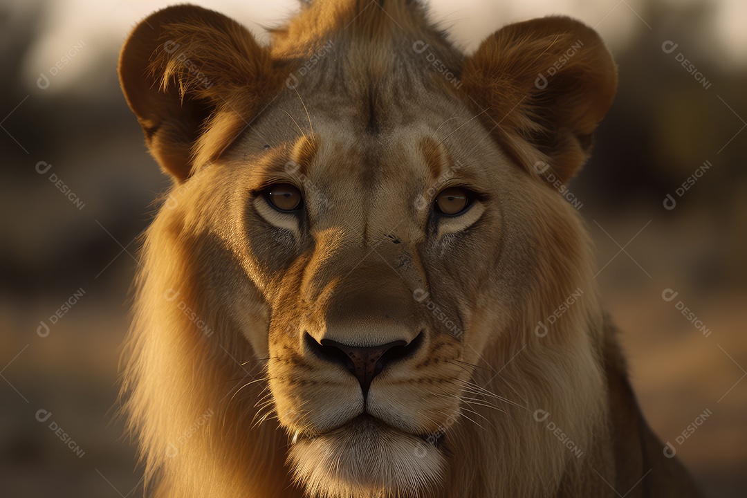 Leão olhando para a câmera fundo bonito fundo de savana gerado por IA