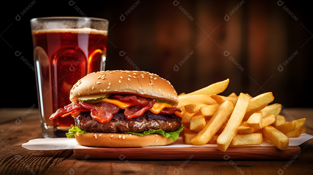 Delicioso Hambúrguer com batata frita ao lado de copo de cerveja gelada