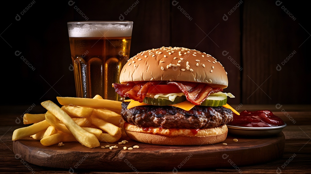 Delicioso Hambúrguer com batata frita ao lado de copo de cerveja gelada