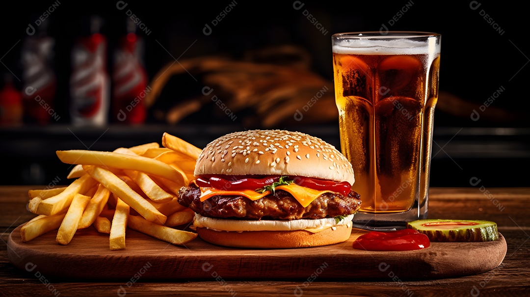 Delicioso Hambúrguer com batata frita ao lado de copo de cerveja gelada