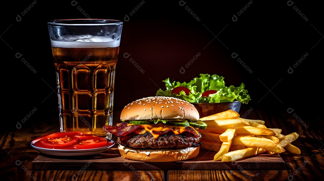 Delicioso Hambúrguer com batata frita ao lado de copo de cerveja gelada