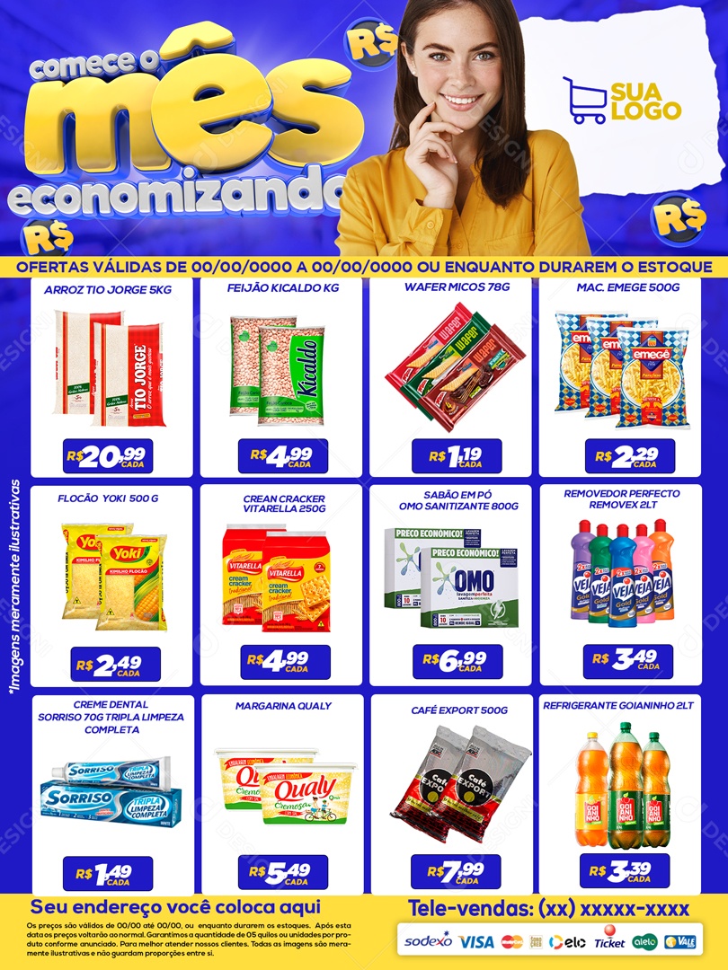 Social Media Encarte Comece O Mês Economizando Azul Supermercado PSD Editavel