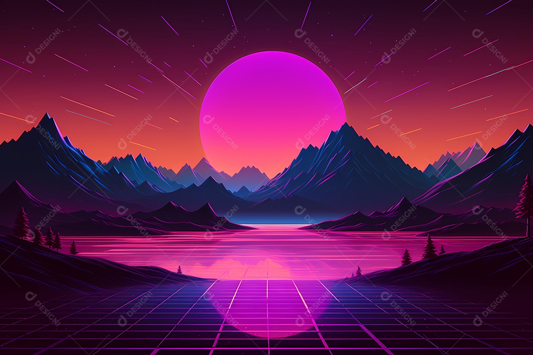 Neon retrowave ou fundo synthwave com grade e sol.