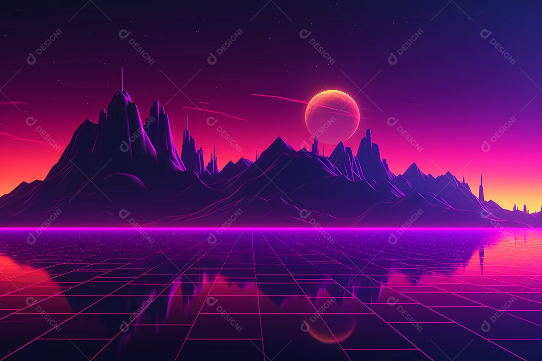 Neon retrowave ou fundo synthwave com grade e sol.