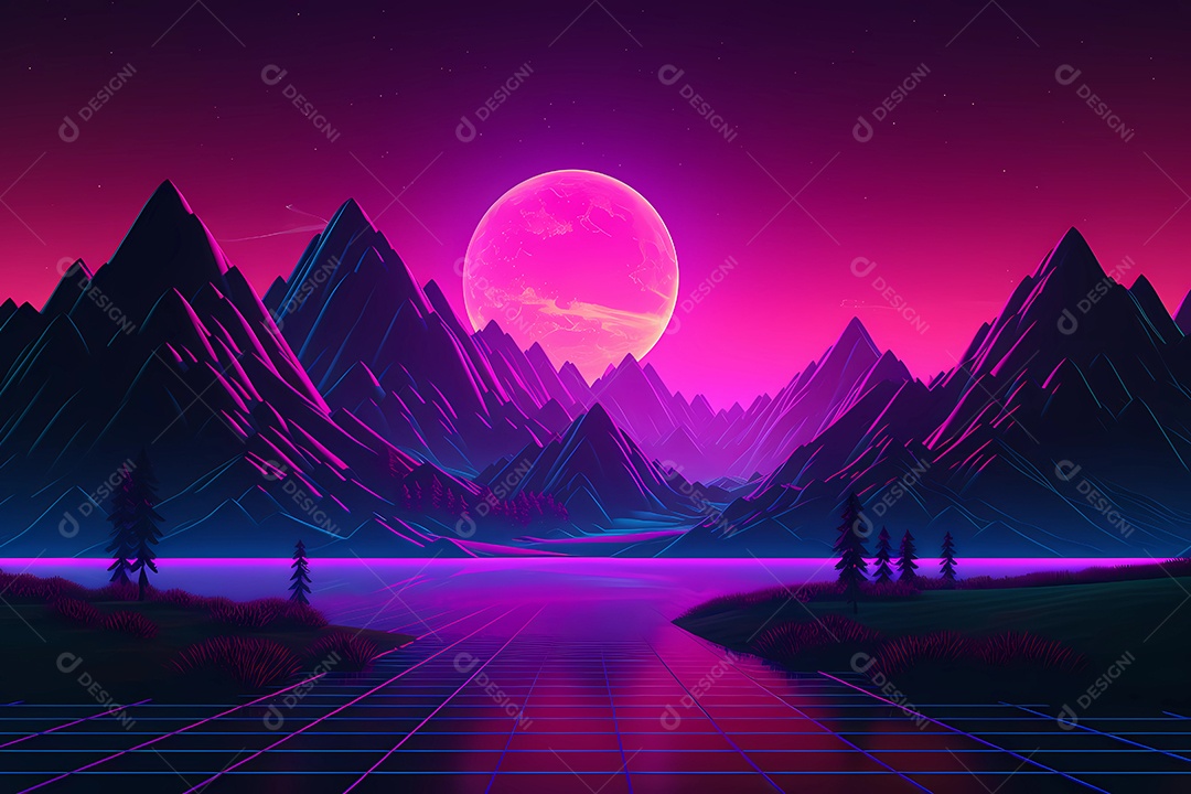 Neon retrowave ou fundo synthwave com grade e sol.