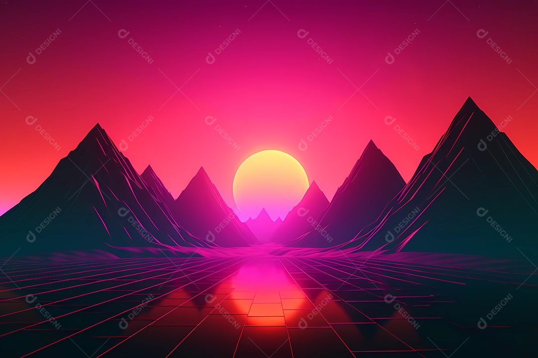 Neon retrowave ou fundo synthwave com grade e sol.