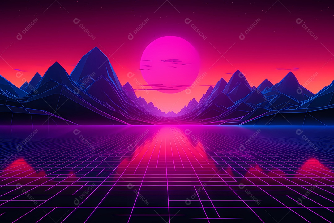 Neon retrowave ou fundo synthwave com grade e sol.