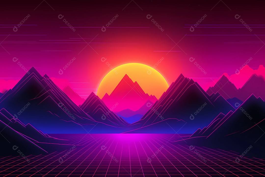 Neon retrowave ou fundo synthwave com grau e sol.