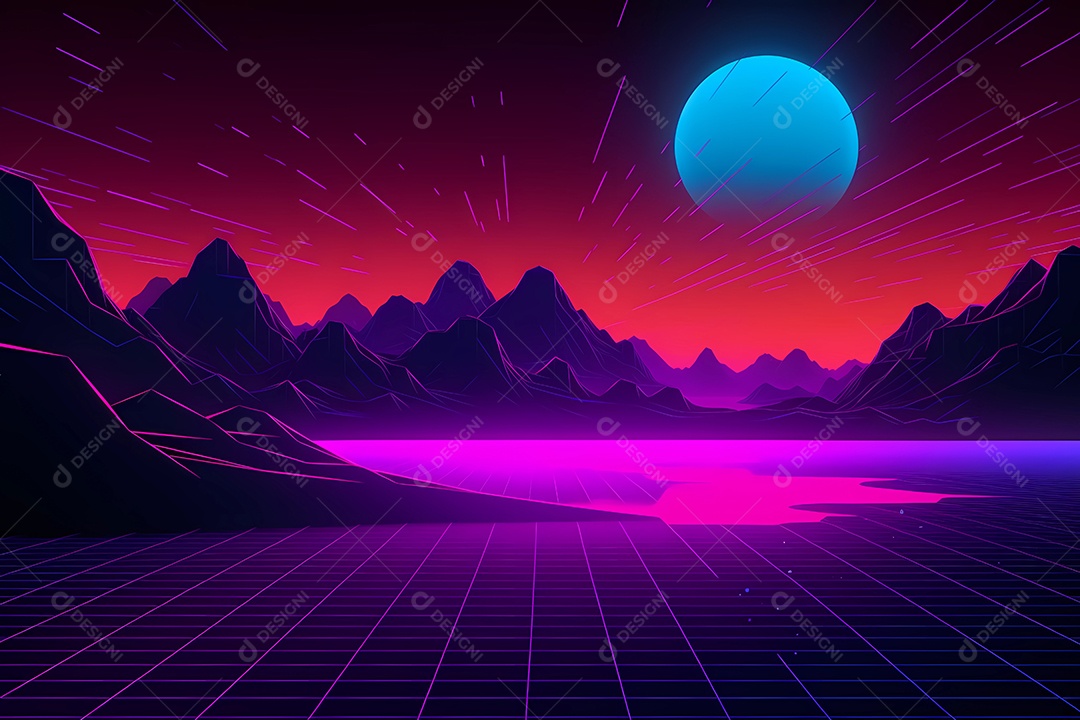 Neon retrowave ou fundo synthwave com grau e sol.