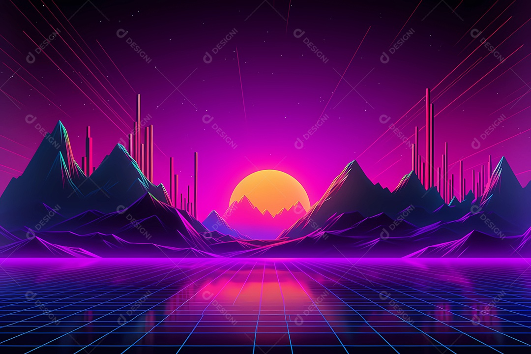 Neon retrowave ou fundo synthwave com grau e sol.