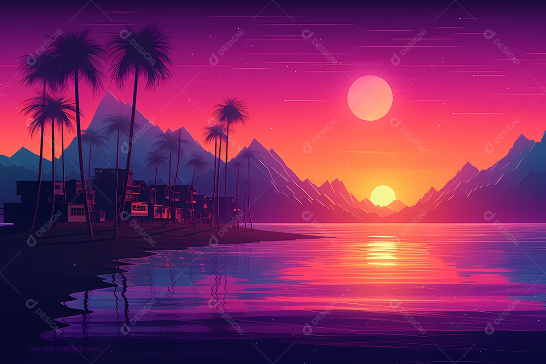 Neon retrowave ou fundo synthwave com grau e sol.