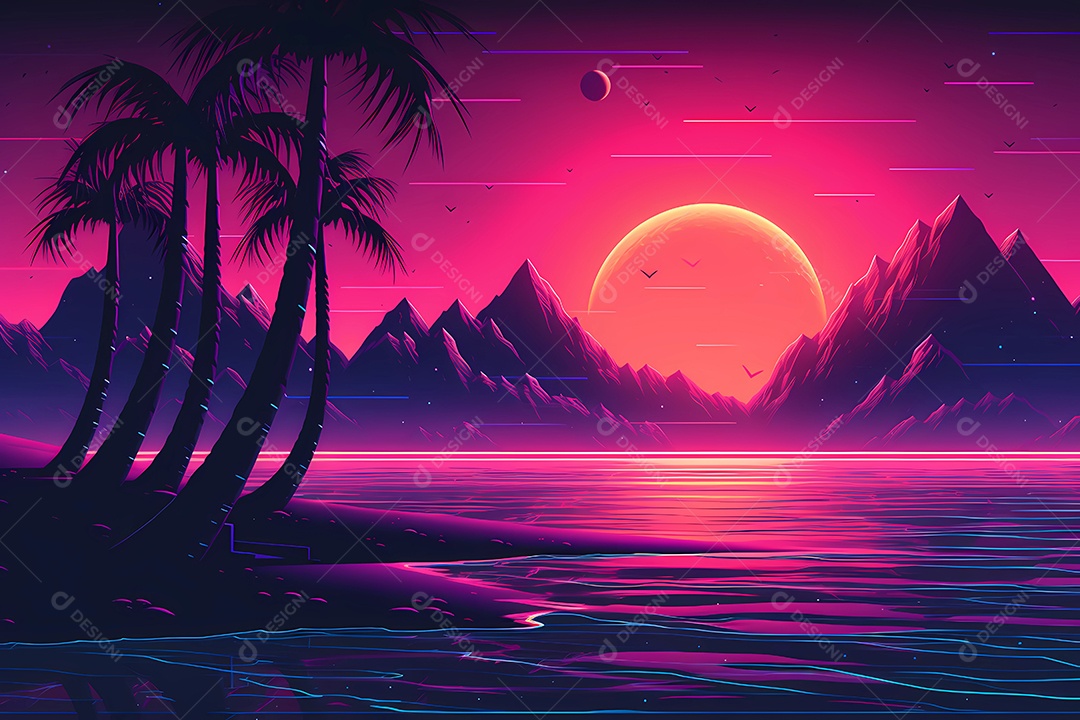 Neon retrowave ou fundo synthwave com grau e sol.