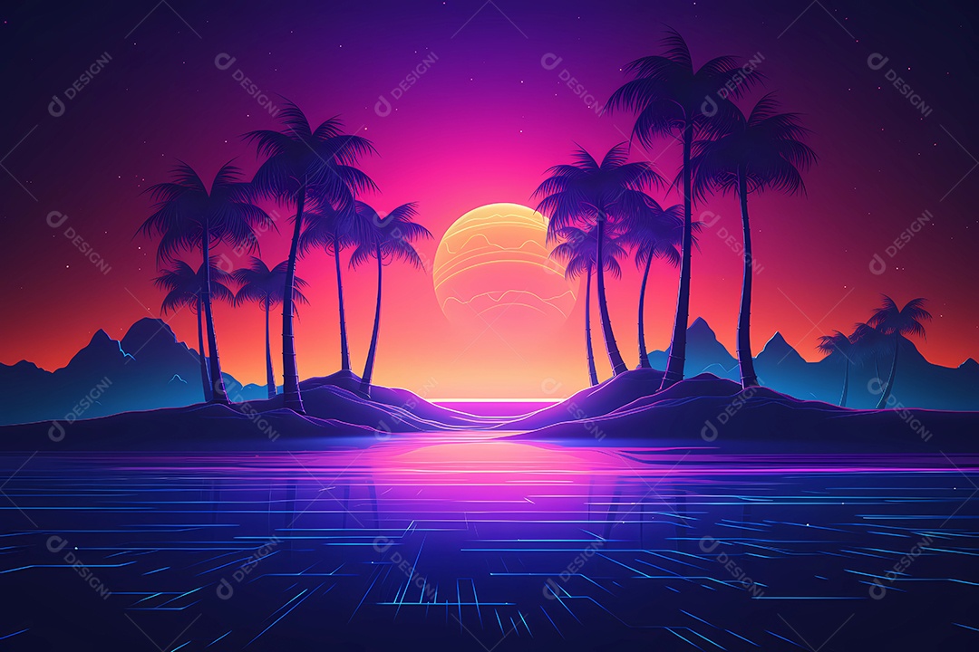 Neon retrowave ou fundo synthwave com grau e sol.