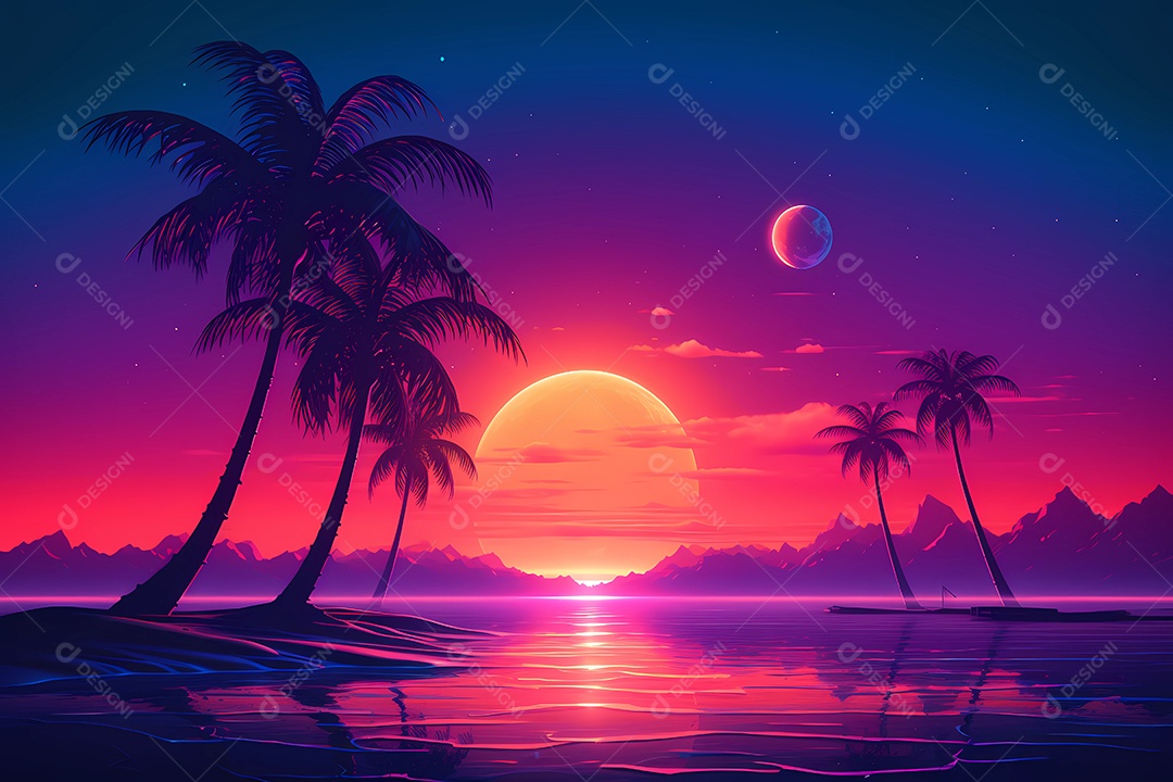 Neon retrowave ou fundo synthwave com grau e sol.