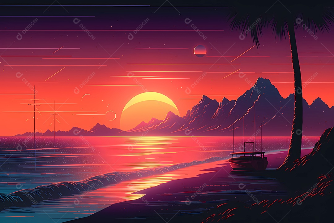 Neon retrowave ou fundo synthwave com grau e sol.