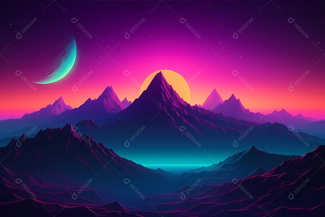 Neon retrowave ou fundo synthwave com grau e sol.