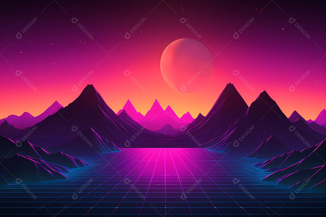 Neon retrowave ou fundo synthwave com grau e sol.