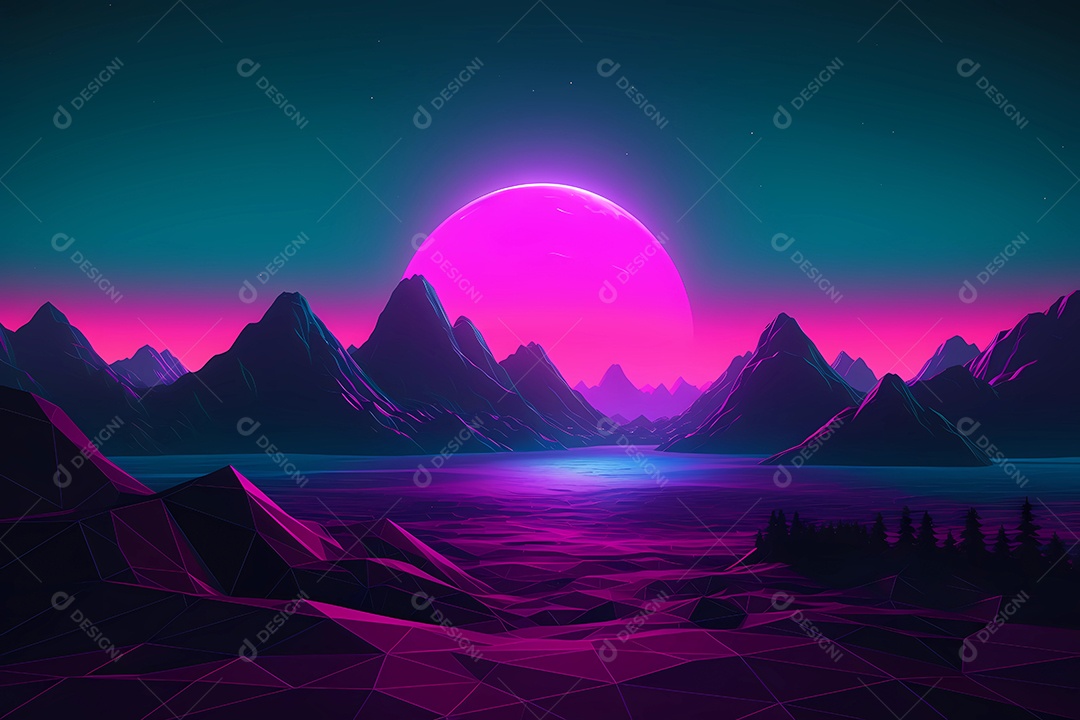 Neon retrowave ou fundo synthwave com grau e sol.