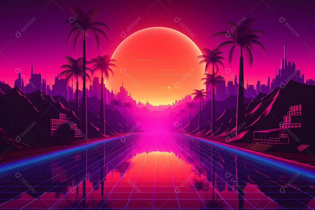 Neon retrowave ou fundo synthwave com grau e sol.