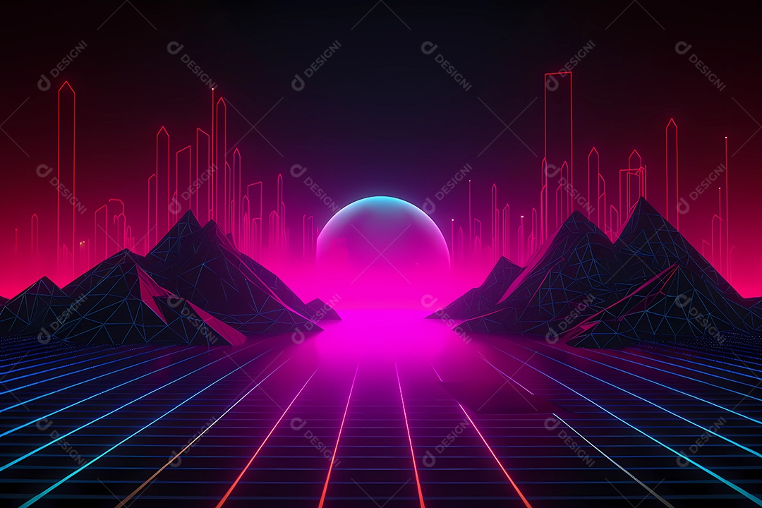 Retrowave ou fundo de papel de parede de pôster estilo synthwave.