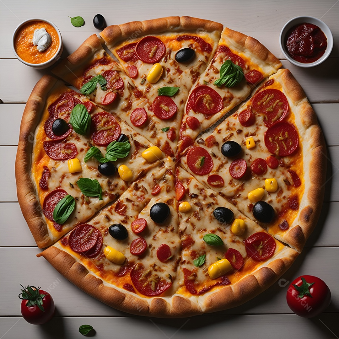 Pizza sobre uma mesa de uma pizzaria