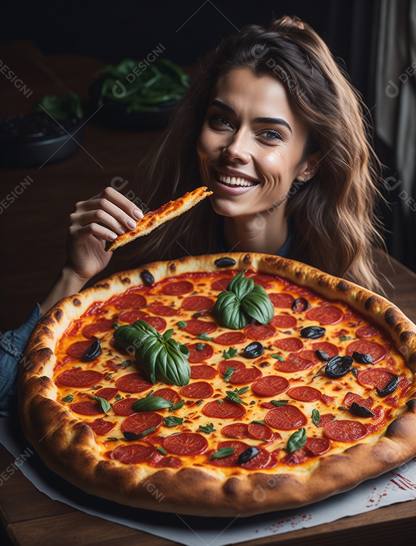 Linda mulher jovem comendo pizza sobre conforto de sua casa